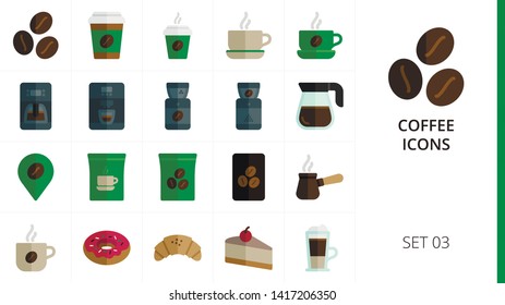 Coffee color flat icons set. Set of coffee beans, coffee paper cup with steam, latte, donut, croissant, cheesecake, cafeteria menu, cafe location flat color icons. 