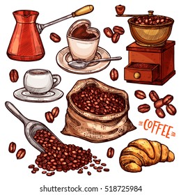 Coffee Color Hand Drawn Collection. Vector Sketch Illustration Set With Turk, Cups, Coffee Bag With Beans, Croissant, Coffee Mill