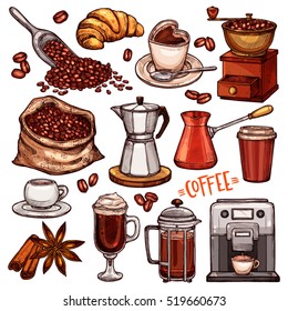 Coffee Color Hand Drawn Collection. Vector Sketch Illustration Set With Turk, Cups, Coffee Bag With Beans, Croissant, Coffee Mill,Coffee Maker, Kettle, Cups, Latte, Cinnamon, Star Anise