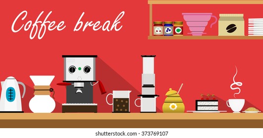 Coffee color icons with long shadow on red background. Coffee break or coffee shop concept.Vector
