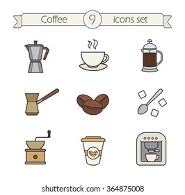 Coffee color icons set. Moka pot, cezve, spoon with sugar and steaming cup. Roasted coffee beans and french press. Espresso machine and coffee to go. Logo concepts. Vector isolated illustrations 