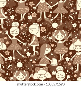 coffee color palette European cartoon little girls playing games on a children's toys background seamless vector pattern.
Summer vocation scene