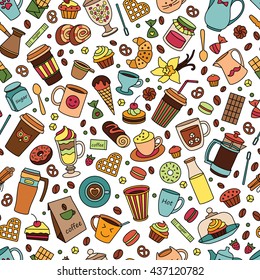 Coffee color seamless pattern. Line. Many object. Isolated elements . Food and drinks. Hand drawn. Cups and sweet desserts. Scribble cartoon. coffee house, cafe, fast food, kitchen, confectionery