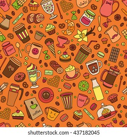 Coffee color seamless pattern. Line. Many objects. Isolated elements . Food and drinks. Hand drawn. Cups and sweet desserts. Scribble cartoon.