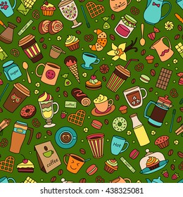 Coffee color seamless pattern. Line. Many object. Isolated elements . Food and drinks. Hand drawn. Cups and sweet desserts. Scribble cartoon. coffee house, cafe, fast food, kitchen, confectionery