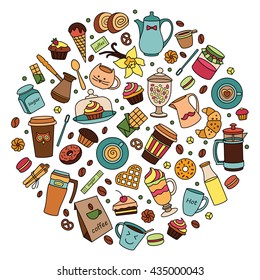 Coffee color set. Line. Many object. Isolated elements . Food and drinks. Hand drawn. Cups and sweet desserts. Scribble cartoon. coffee house, cafe, fast food, kitchen, confectionery, circle, round