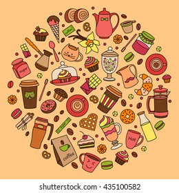 Coffee color set. Line. Many object. Isolated elements . Food and drinks. Hand drawn. Cups and sweet desserts. Scribble cartoon. coffee house, cafe, fast food, kitchen, confectionery, circle, round