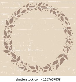 Coffee color textured background with decorative circle frame of brown leaves and dots for decoration, scrapbooking, decoupage, wedding, invitation, greeting card, text, family tree, cover, packaging