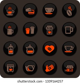 Coffee color vector icons on dark background for user interface design