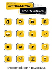 Coffee color vector icons on information smart cards for user interface design