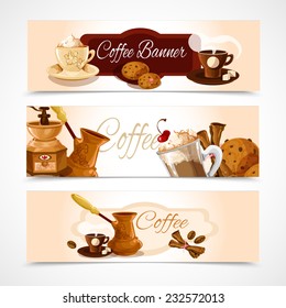 Coffee colored horizontal banners set with latte frappe espresso cappuccino isolated vector illustration