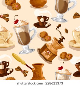 Coffee colored seamless pattern with turk cookies cinnamon grinder cup vector illustration