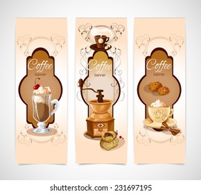 Coffee colored vertical banners set with turk cookies cinnamon grinder cup isolated vector illustration