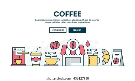 Coffee, colorful concept header, flat design thin line style, vector illustration