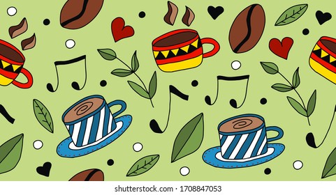 Coffee. Colorful cups with coffee, hearts, green leaves, 
musical notes and coffee beans on green background. Hot drink. Americano, cappuccino, latte, espresso, mocha. Vector seamless pattern.