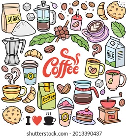 Coffee, colorful graphics elements and illustrations. Objects vector art such as coffee maker, plants, cup and other foods and equipments related to coffee are included in this doodle cartoon set.