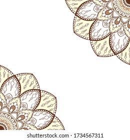 Kaffeefarben boho Vektor Spitzen mandala Ecken Vorlage mit Kopierraum auf hellem Hintergrund.Als Dekoration verwenden 
Werbung, Buchcover, Firmenlogo, Tagefläche, Yogakurse und Plakatdesign