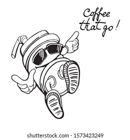 Coffee is coming. Cartoon paper cup with coffee in glasses and sneakers, the inscription. Black outline on a white background.