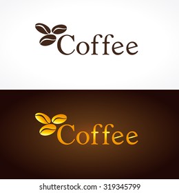 Coffee company logo. The logotype with golden coffee beans for coffee houses and cafes. Gold colored branding emblem in traditional style. Isolated abstract graphic design template. 