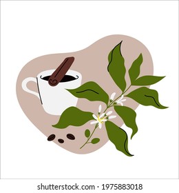 Coffee composition - a cup of coffee, cinnamon stick, Coffee branch and beans. Hand-drawn illustration.