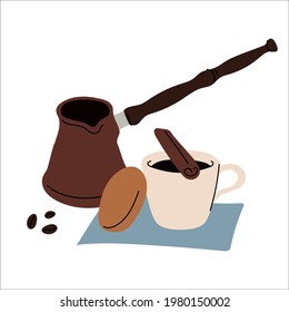 Coffee composition. Coffee cup, cookie, beans and copper. Hand-drawn illustration.