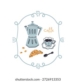 Kaffeezusammensetzung in einem Retro-Rahmen. Handgezeichnete Illustration eines heißen Getränks, einer Kaffeekanne und eines Croissants für ein Café-Menü. Flacher Stil.