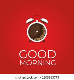 Coffee concept. Coffee and alarm clock poster. Flat style, vector illustration. 