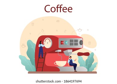 Coffee concept. Barista making a cup of hot coffee. Energetic tasty beverage for breakfast with milk. Cuppuccino cup in coffee machine. Vector illustration in cartoon style