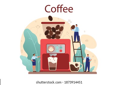 Coffee concept. Barista making a cup of hot coffee. Energetic tasty beverage for breakfast with milk. Cuppuccino cup in coffee machine. Vector illustration in cartoon style