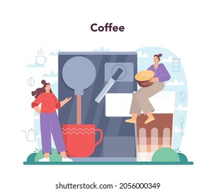 Coffee concept. Barista making a cup of hot coffee in coffee machine. Energetic tasty beverage for breakfast with milk. Cuppuccino to go cup. Vector illustration in cartoon style