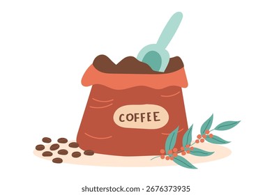 The coffee concept. Cocoa beans in the bag. Vector flat clipart isolated on white background.