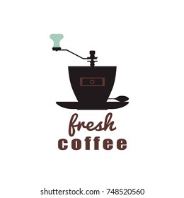 Coffee concept. A cup-grinder and a spoon on a saucer. Expressive logo for the coffee house, cafe, restaurant, shop. Vector illustration.