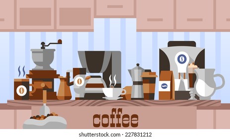 Coffee concept with decorative symbols on domestic home or cafe kitchen table vector illustration