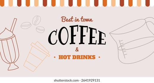Coffee concept design. Card, poster, banner, story and post template. Cafe and coffeeshop design. Concept doodle illustrations of coffee mugs. Modern minimalist hand drawn art 