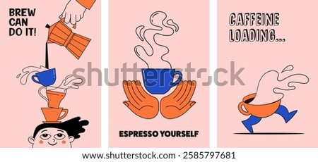 Coffee concept design. Collection of cards, posters, banners, story and post templates. Cafe and coffeeshop design. Concept illustrations of characters with coffee mugs. Modern minimalist flat vector