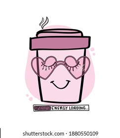 Coffee concept design with pink paper cup cartoon drawing and energy loading bar for fashion graphics, prints etc