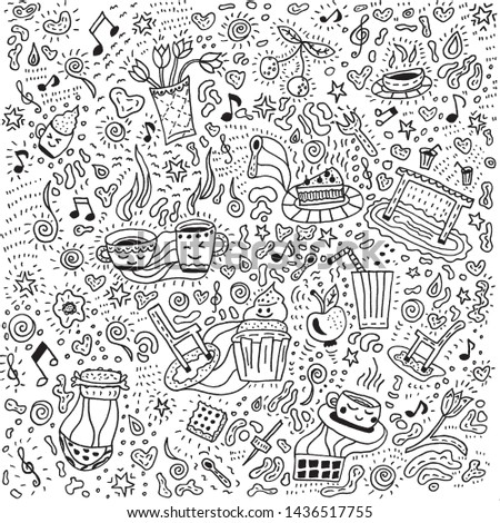 Coffee concept. Doodle pattern with coffee, food. Vector illustration is in trendy style. Black and white illustration can be used for menu design, wall, print. EPS10