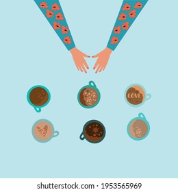 Coffee concept. Female hands who prepares different types of coffee. Vector illustration on white background. 
