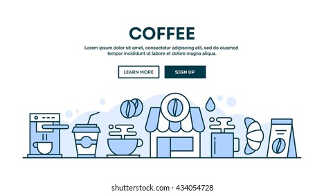 Coffee, concept header, flat design thin line style, vector illustration