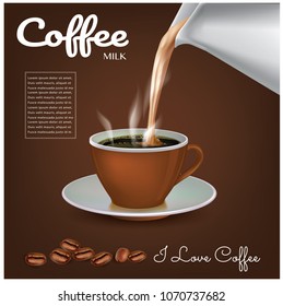 coffee concept illustration with filled coffee cup and few coffee beans