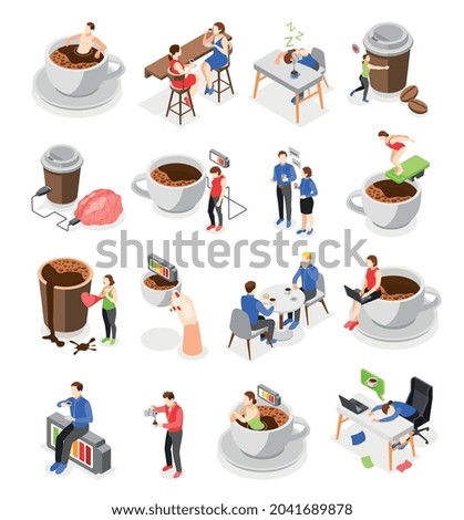 Coffee concept isometric icons set of staff taking coffee break and relaxing in cafe isolated vector illustration