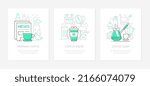 Coffee concept - line design style banners set with place for text. Breakfast, lunch break, shop illustrations. Newspaper and cup, drink to go and machine, cezve, moka pot and dessert images