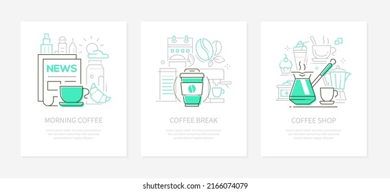 Coffee concept - line design style banners set with place for text. Breakfast, lunch break, shop illustrations. Newspaper and cup, drink to go and machine, cezve, moka pot and dessert images