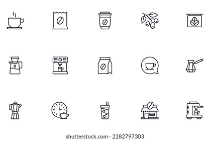 Kaffeekonzept. Das Symbol für die Kaffeelinie wird gesetzt. Sammlung von Vektorzeichen im trendigen Flachstil für Webseiten, Internetläden und Läden, Bücher und Flyer. Symbole in Premium-Qualität einzeln auf weißem Hintergrund 