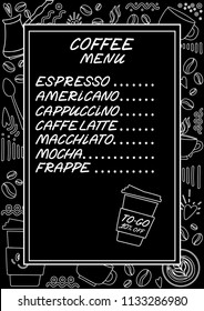 Coffee concept menu. A4 printable menu for coffeeshop, cafe and restaurant. Chalk imitation template. Handdrawn design.
