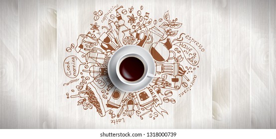 Coffee concept on wooden background - white coffee cup, top view with doodle illustration about coffee, beans, morning, espresso in cafe, breakfast. Morning coffee vector illustration. Hand draw and