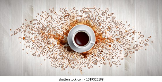 Coffee concept on wooden background - white coffee cup, top view with doodle illustration about coffee, beans, morning, espresso in cafe, breakfast. Morning coffee vector illustration with cofe