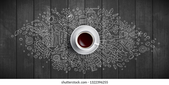 Kaffeekonzept auf Holzhintergrund - weiße Kaffeetasse, Draufsicht mit doodle Abbildung über Kaffee, Bohnen, Morgen, Espresso im Café, Frühstück. Morgen Kaffee, Vektorgrafik. Handziehen und Handziehen