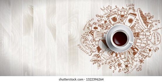 Coffee concept on wooden background - white coffee cup, top view with doodle illustration about coffee, beans, morning, espresso in cafe, breakfast. Morning coffee vector illustration. Hand draw and