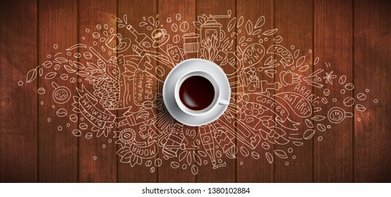 Coffee concept on wooden background - white coffee cup, top view with doodle illustration about coffee, beans, morning, espresso in cafe, breakfast. Morning coffee vector illustration. Hand draw and